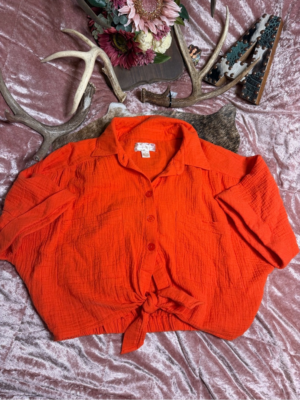 Band of the Free Size S Orange Gauze Tie Front Button Up Shirt